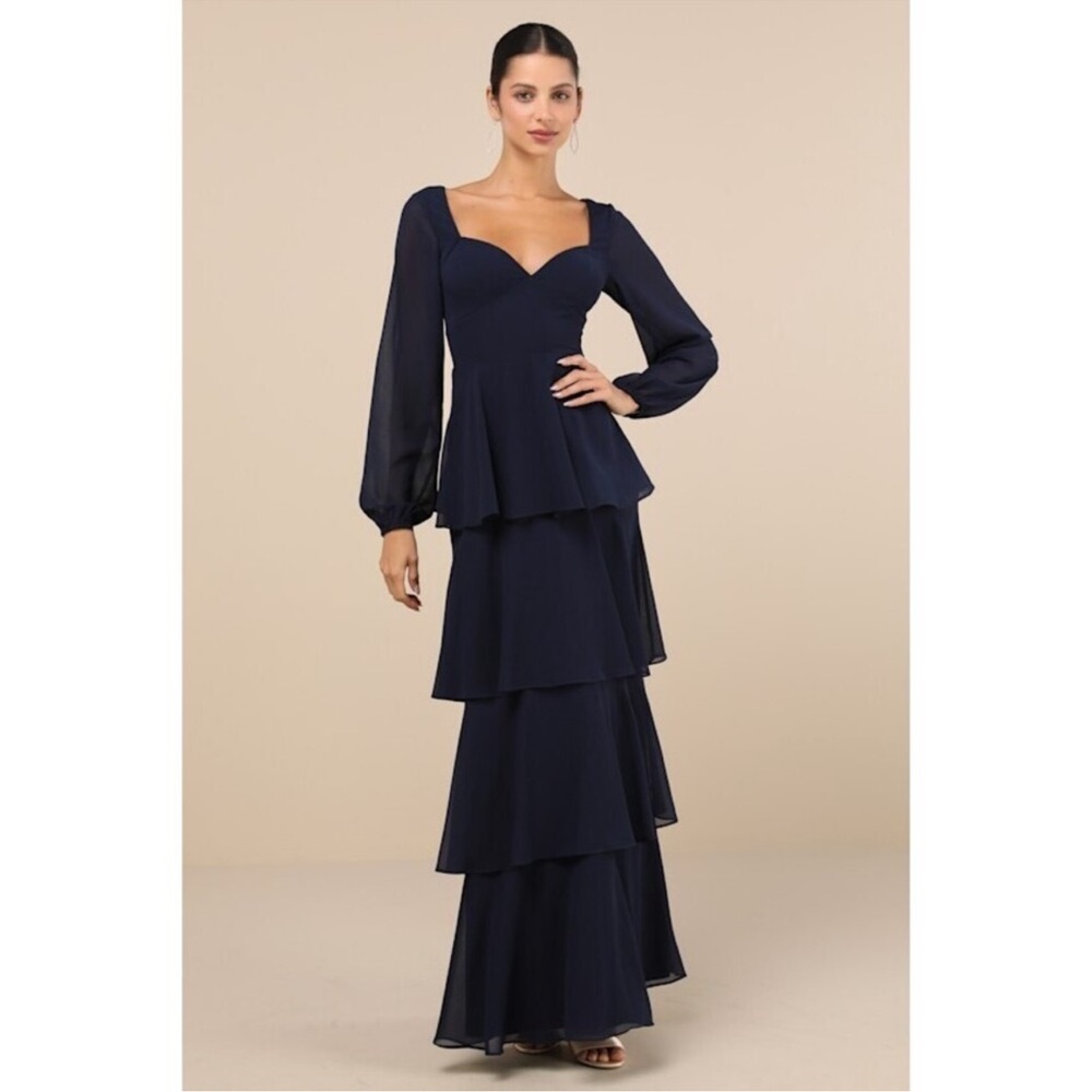 Lulus Flawless Excellence Navy Blue Tiered Long Sleeve Maxi Dress - Size M